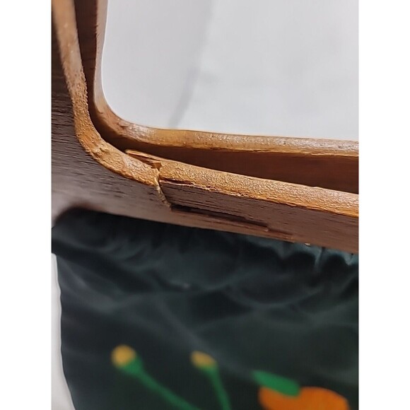 Vintage Holiday Fair Green Canvas Bag Purse Floral Embroidery Wood Handles - Picture 8 of 16